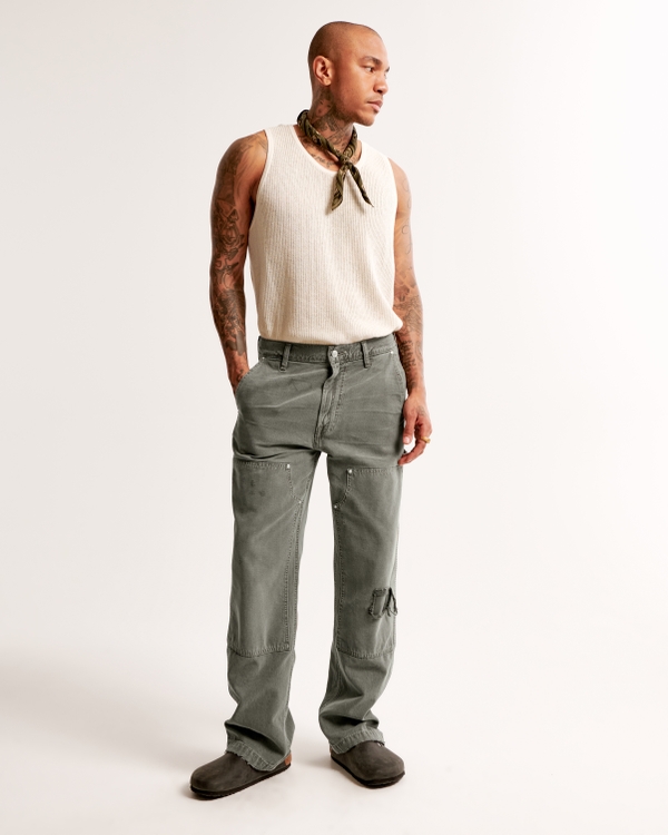 Baggy Workwear Jean, Olive Ripped Wash view 1
