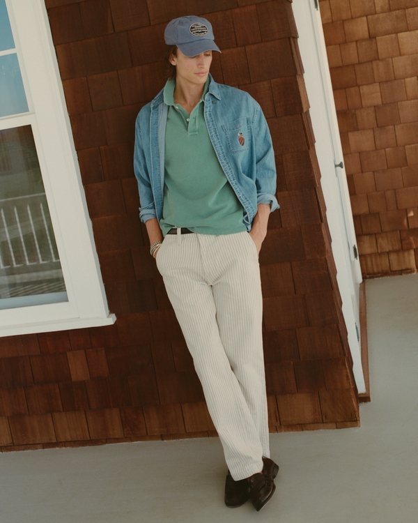 Linen-Blend Relaxed Straight Trouser Jean, Cream Stripe view 1