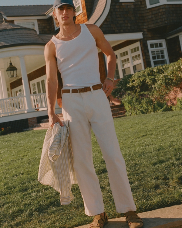 Linen-Blend Relaxed Straight Trouser Jean, White view 1