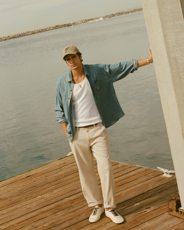 Linen-Blend Relaxed Straight Trouser Jean, Taupe Wash view 1