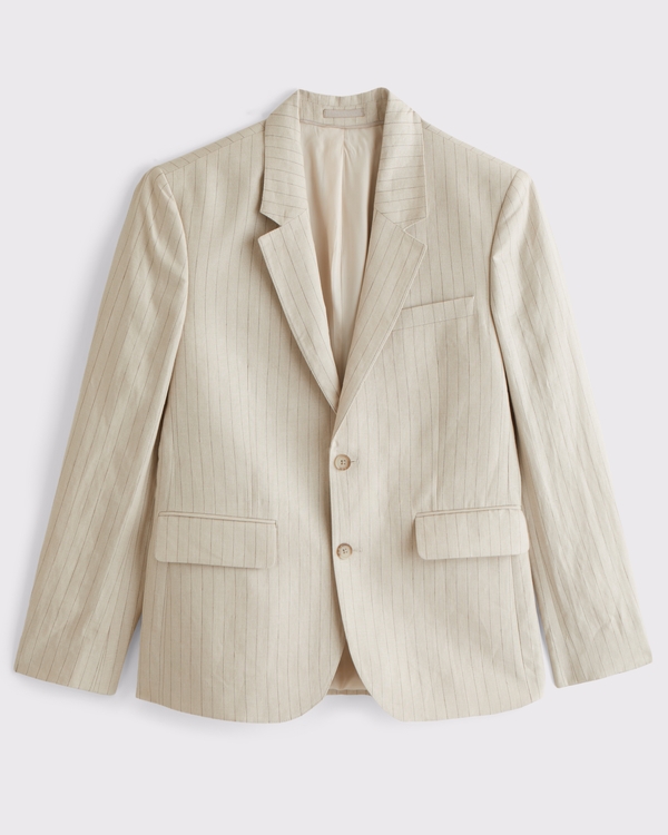 100% Linen A&F Collins Slim Blazer, Warm Beige Stripe view 1