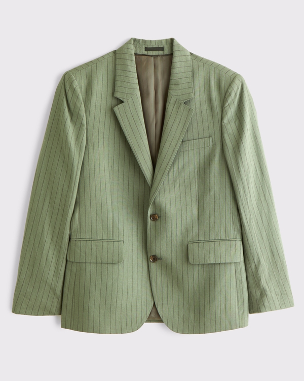 100% Linen A&F Collins Slim Blazer, Pine Pinstripe view 1