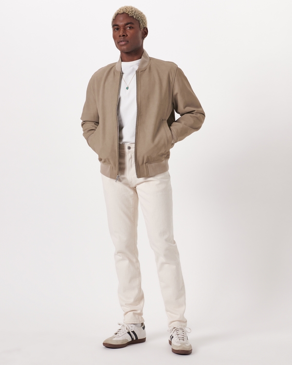 Genuine Suede Bomber Jacket, Taupe
