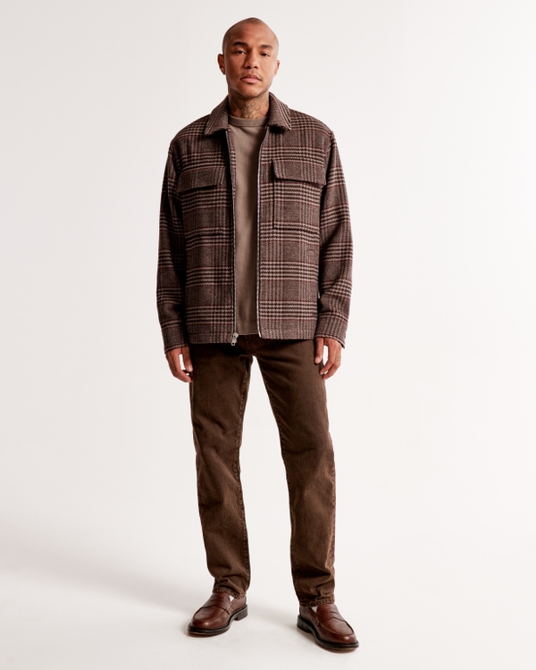 Wool-Blend Zip Shirt Jacket, Brown Plaid