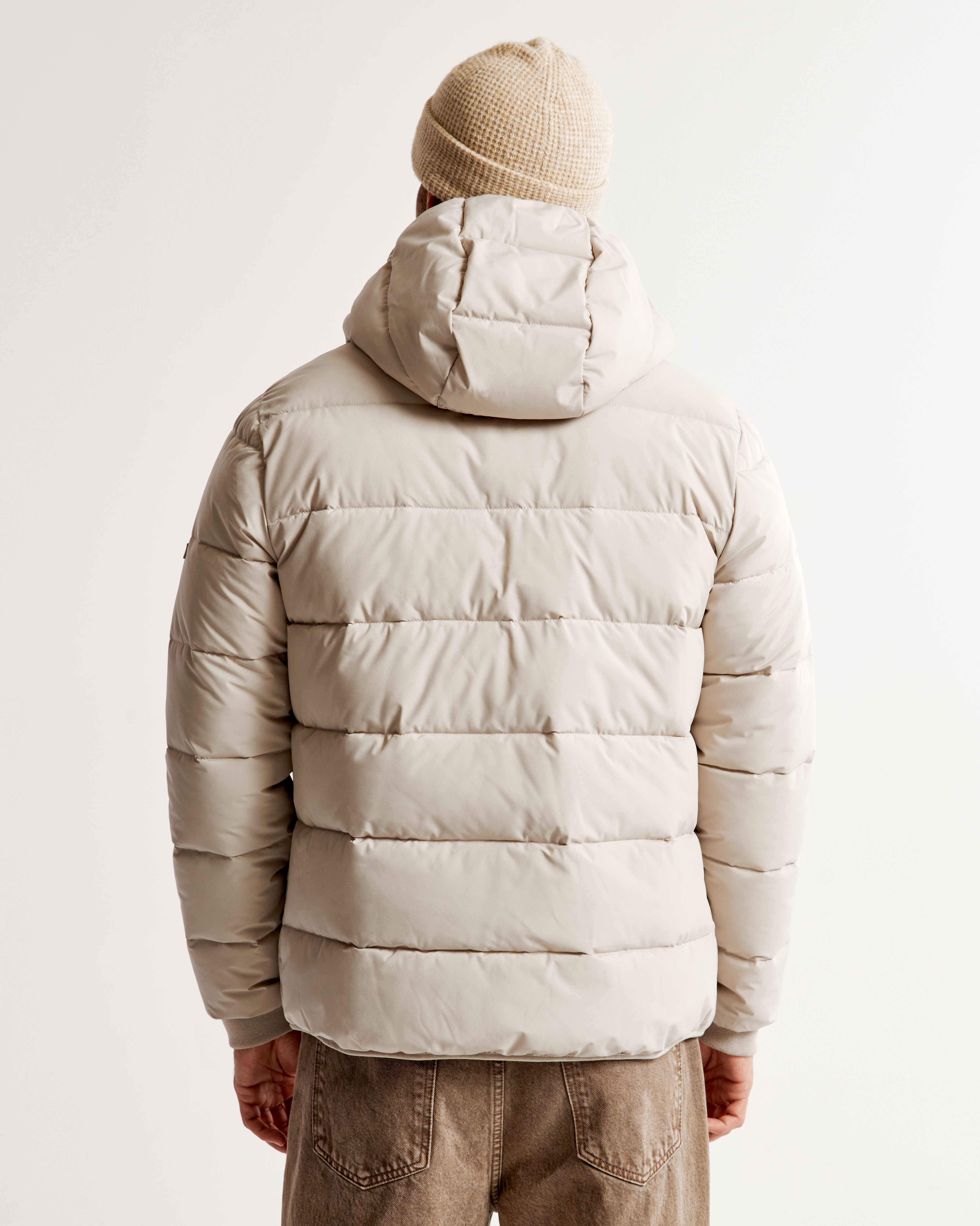 Beige hooded puffer discount coat