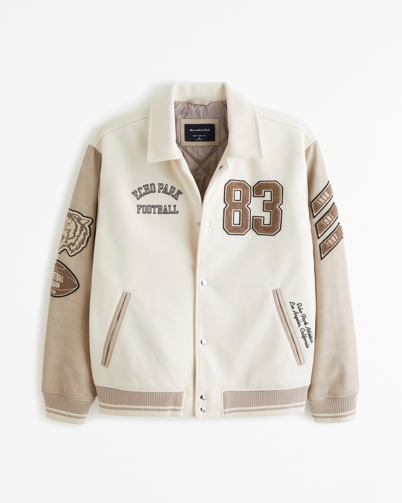 FAUX LEATHER AND WOOL-BLEND VARSITY JACKET - CREAMY WHITE