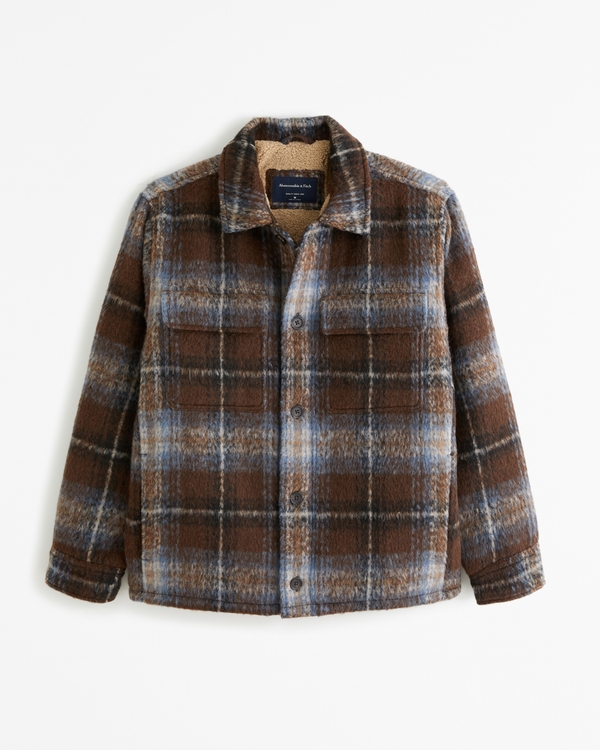 Sherpa-Lined Shirt Jacket, Brown Plaid