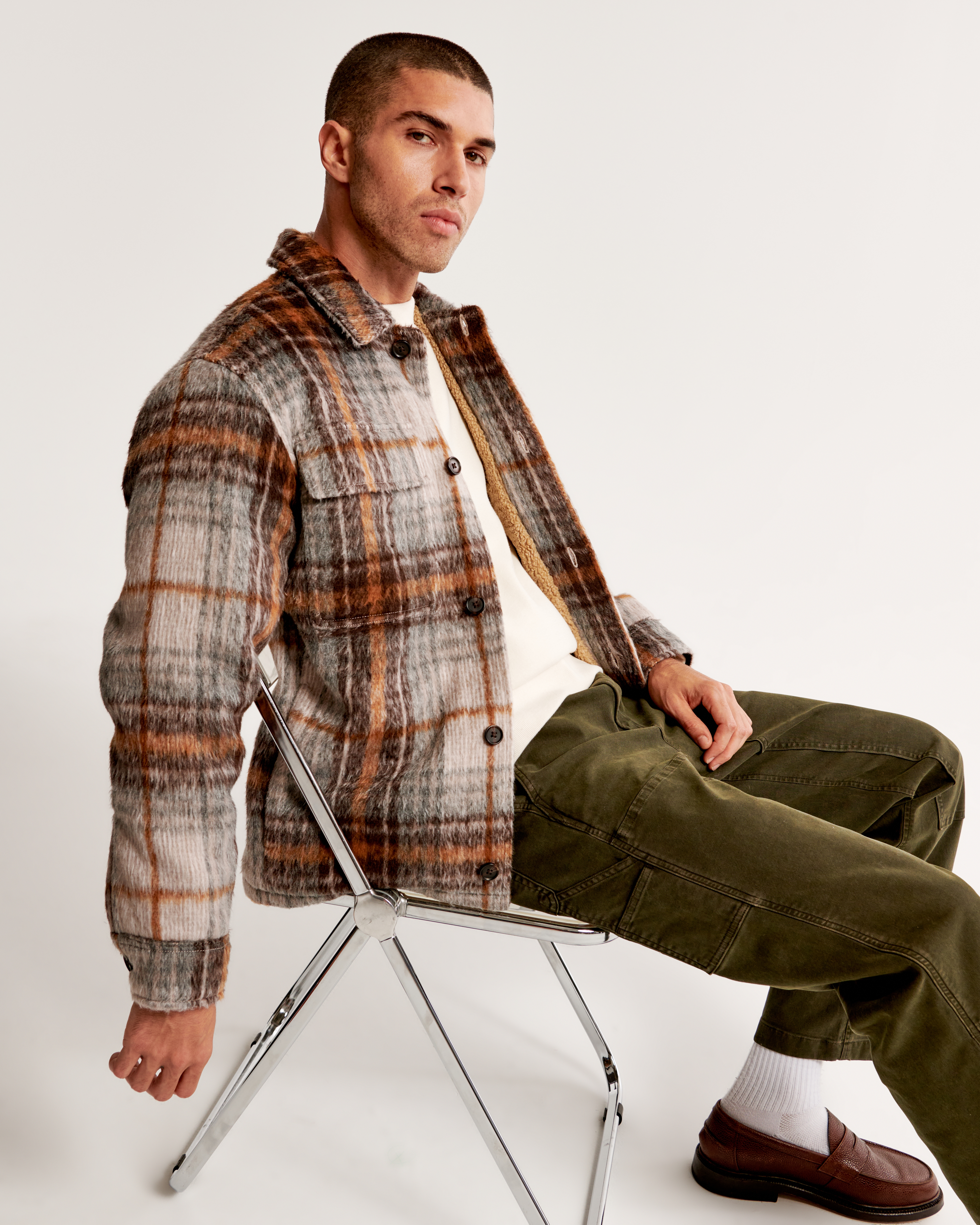 Mens sherpa lined flannel shirt jacket sale