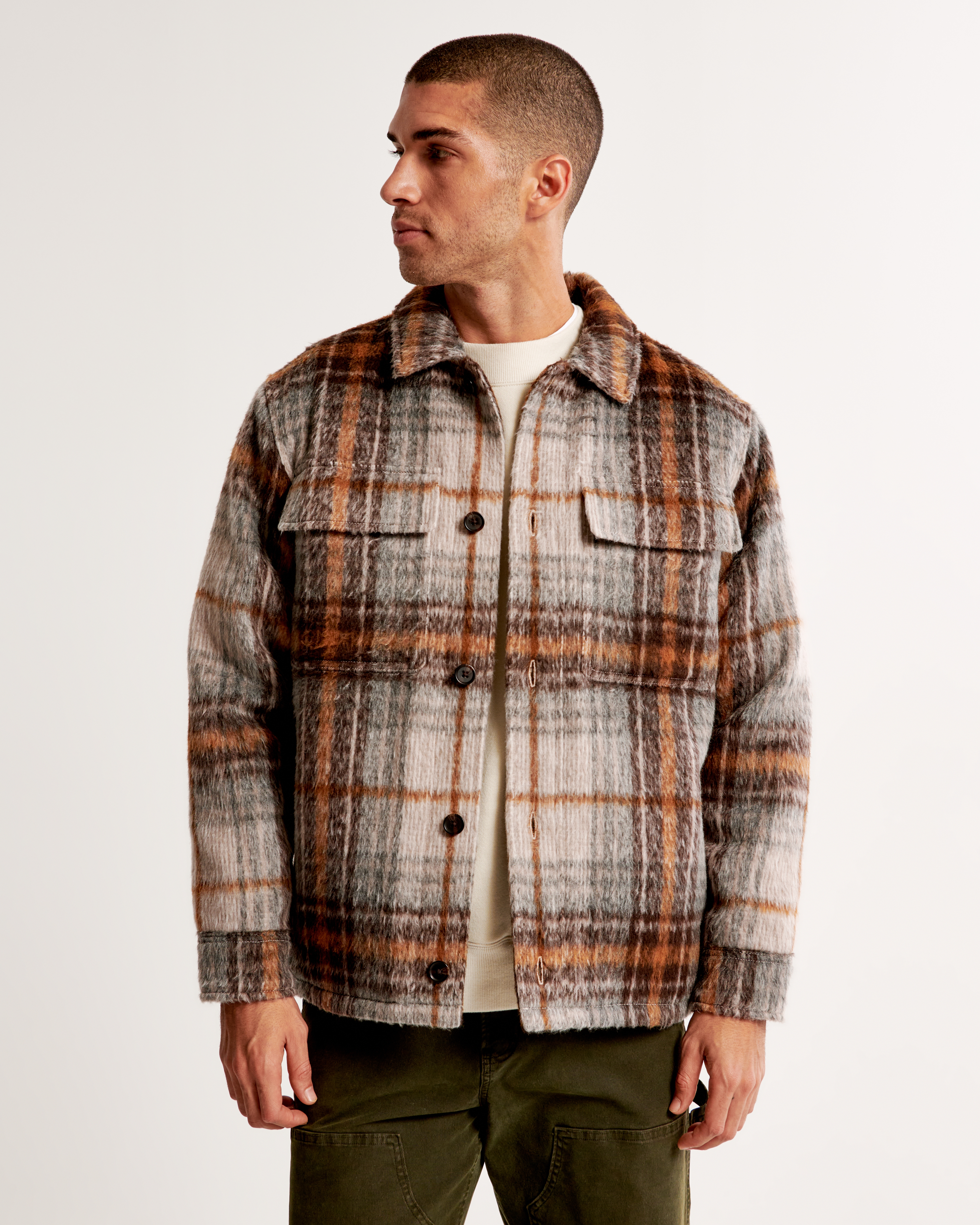 Sherpa lined outlet plaid shirt jacket