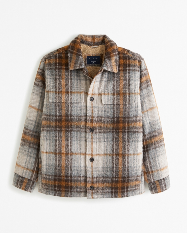 Sherpa-Lined Shirt Jacket, Cream Plaid