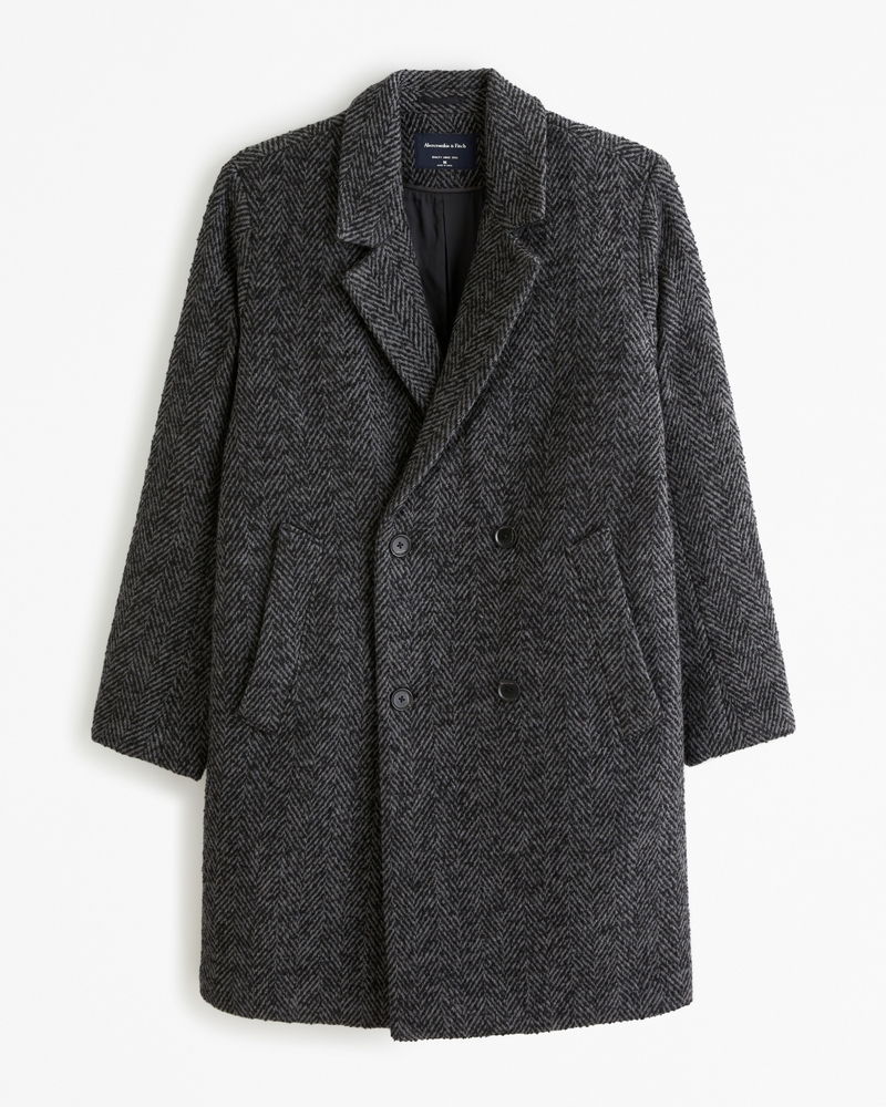 Wool Blend Herringbone Double Breasted Overcoat