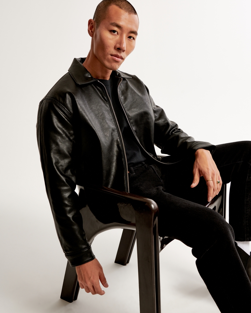 Men's Vegan Leather Zip Trucker Jacket in Black | Size XXL | Abercrombie & Fitch