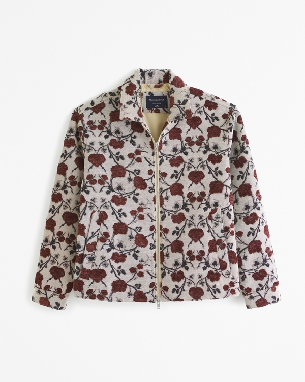 Floral Cropped Zip Trucker Jacket, Light Brown Pattern
