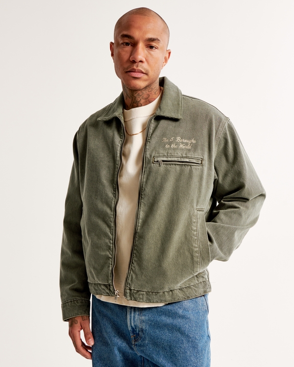 Cropped Zip Workwear Jacket, Olive Green