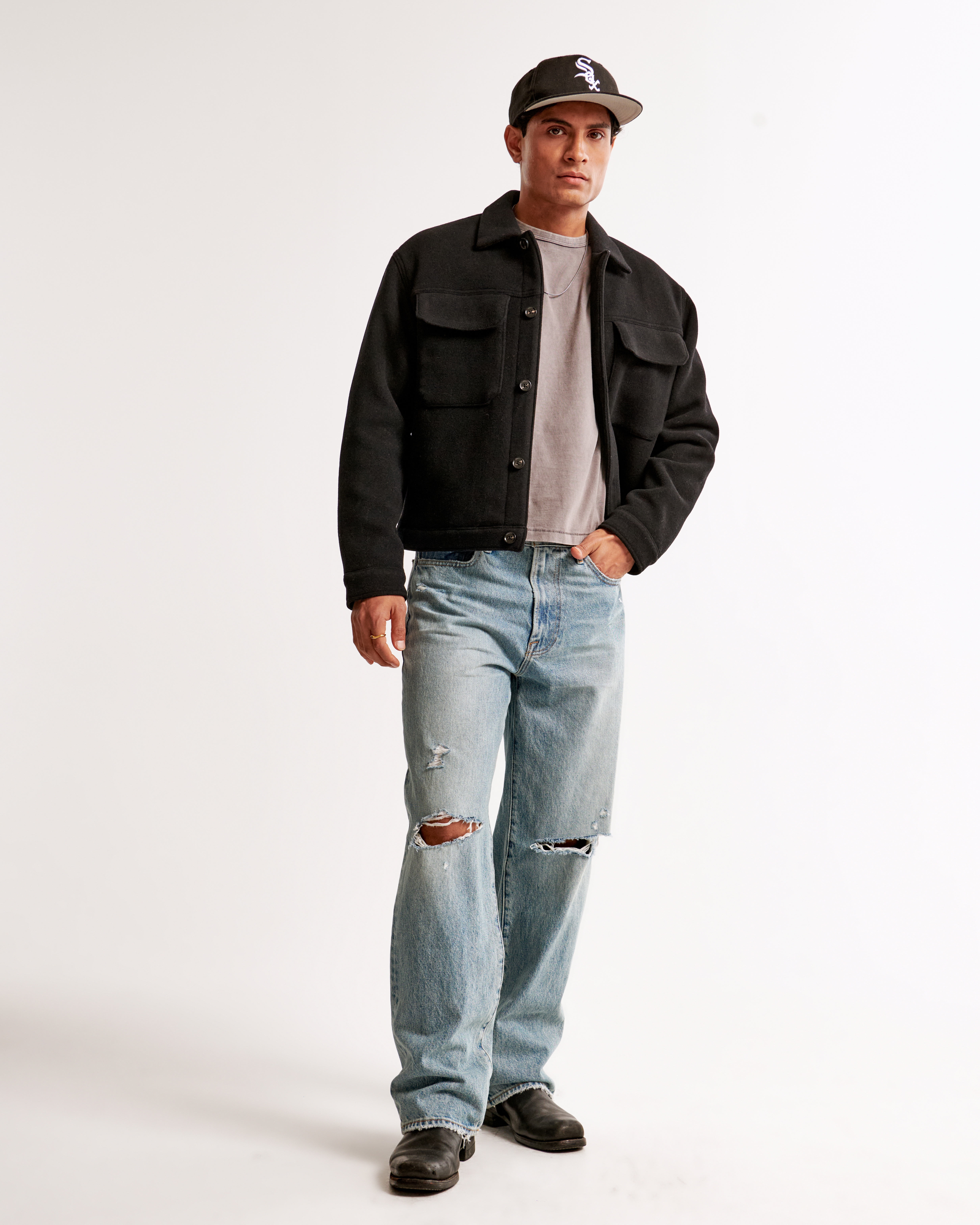 【DEARMINE】Mens Trucker Crop Jacket Men's Cropped Denim Trucker Jacket | Men's Clearance