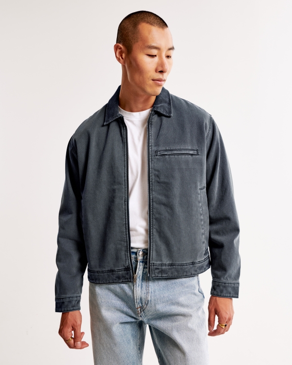 Cropped Zip Workwear Jacket, Blue-gray