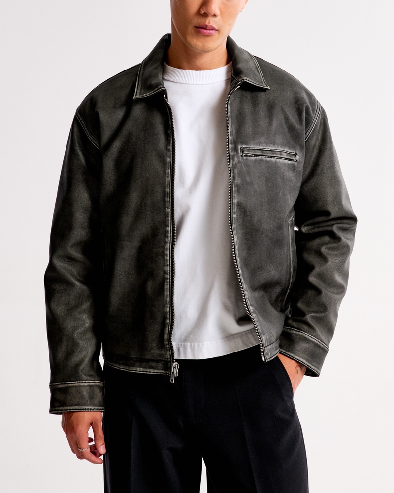 Leather Zip Trucker Jacket Abercrombie Men's Vegan Leather