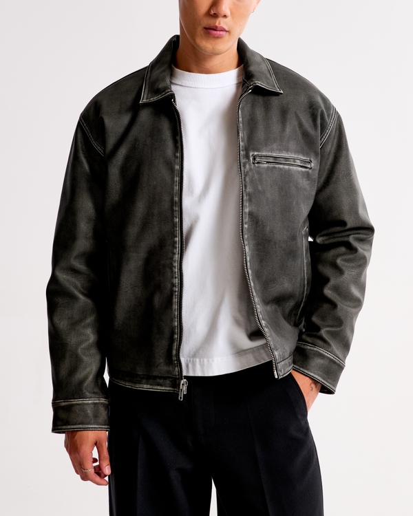 Cropped Vegan Leather Zip Trucker Jacket, Black