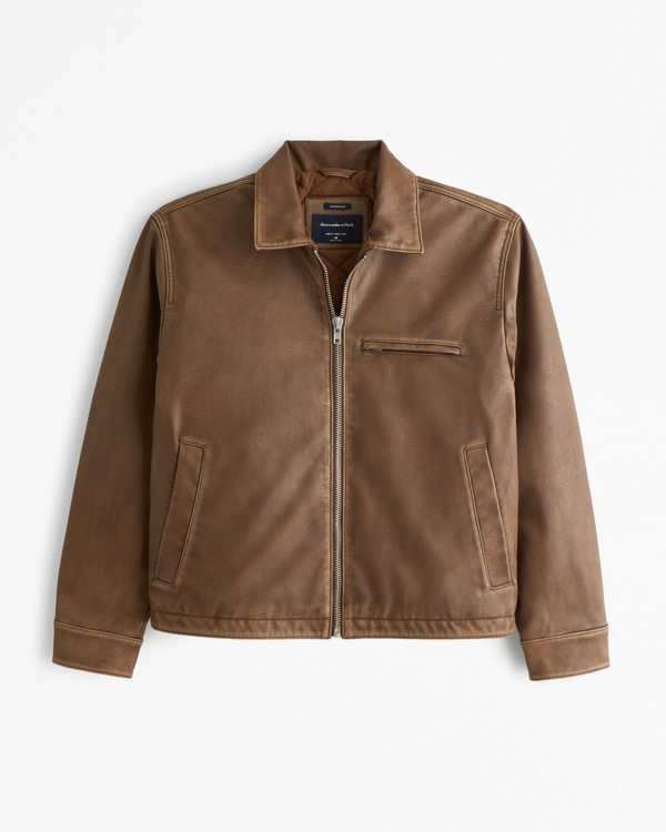 Cropped Vegan Leather Zip Trucker Jacket