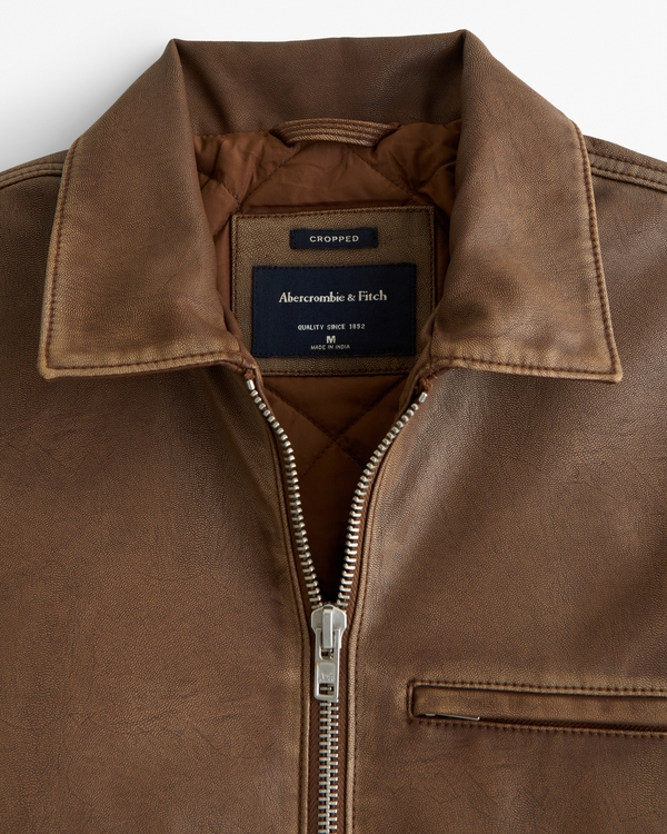 Cropped Vegan Leather Zip Trucker Jacket