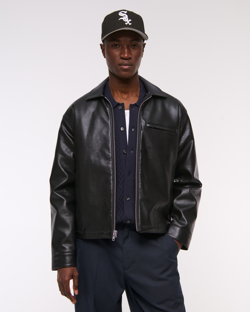 Leather Zip Coats Men's Cropped Vegan Leather Zip Trucker Jacket