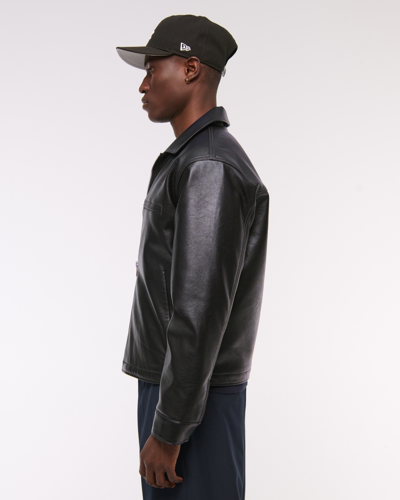 Cropped Vegan Leather Zip Trucker Jacket
