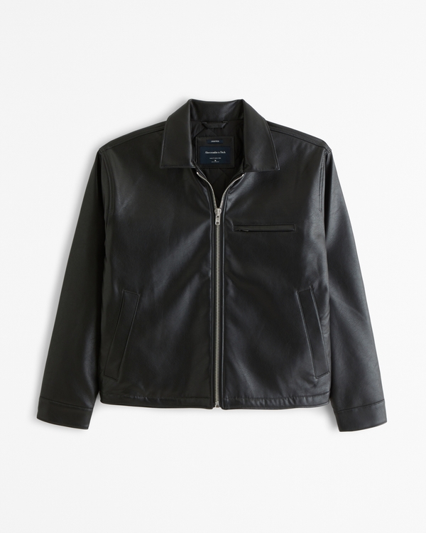 Cropped Vegan Leather Zip Trucker Jacket, Black