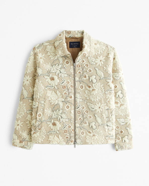 Floral Sherpa Zip Trucker Jacket, Cream Pattern