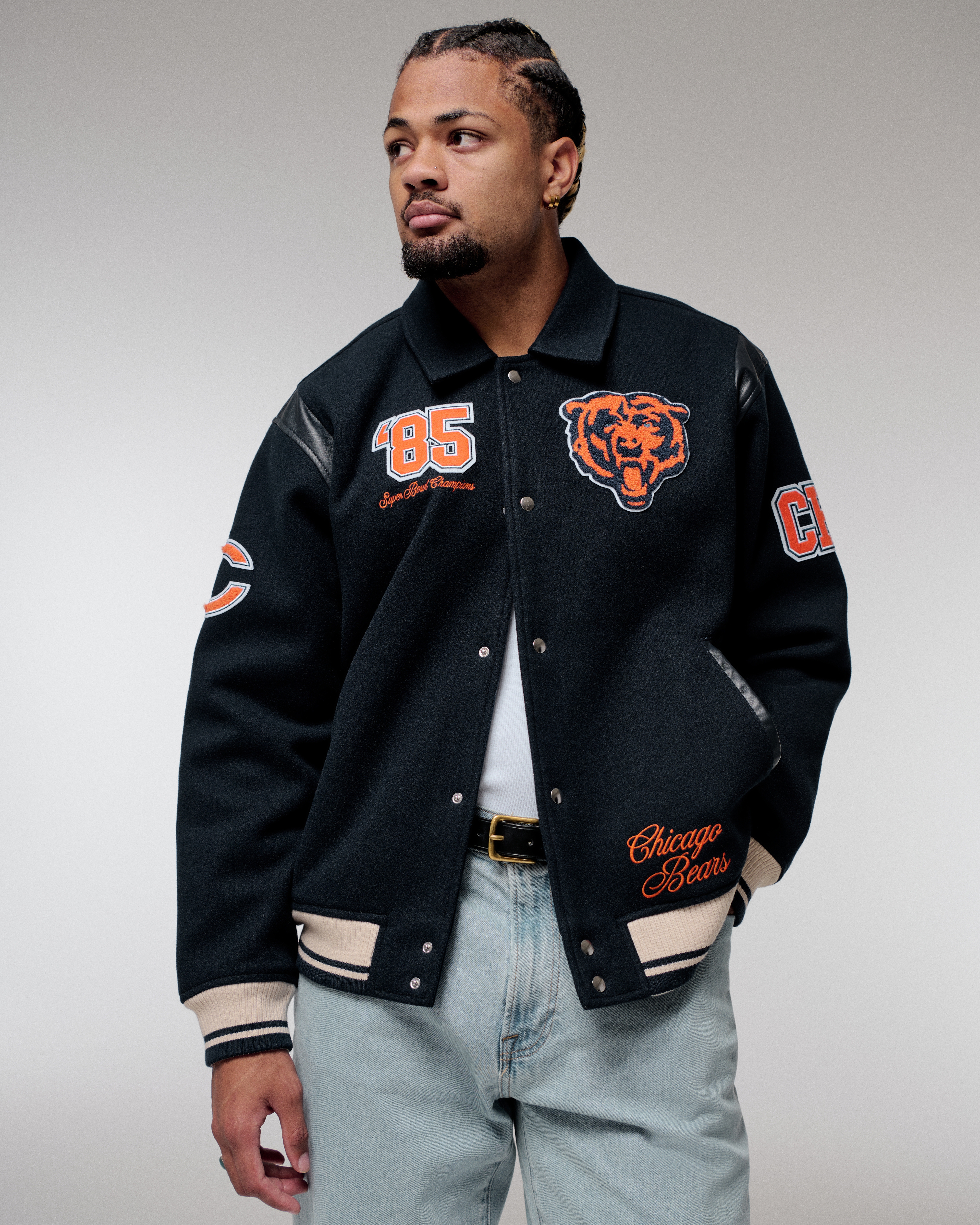 Men s Chicago Bears Varsity Bomber Jacket Men s Coats Jackets Abercrombie