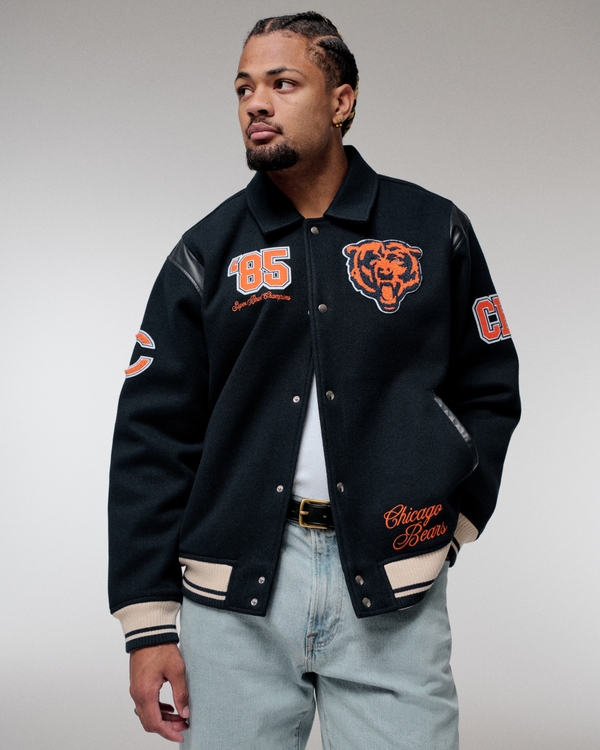 Chicago Bears Varsity Bomber Jacket, Navy Blue Pattern