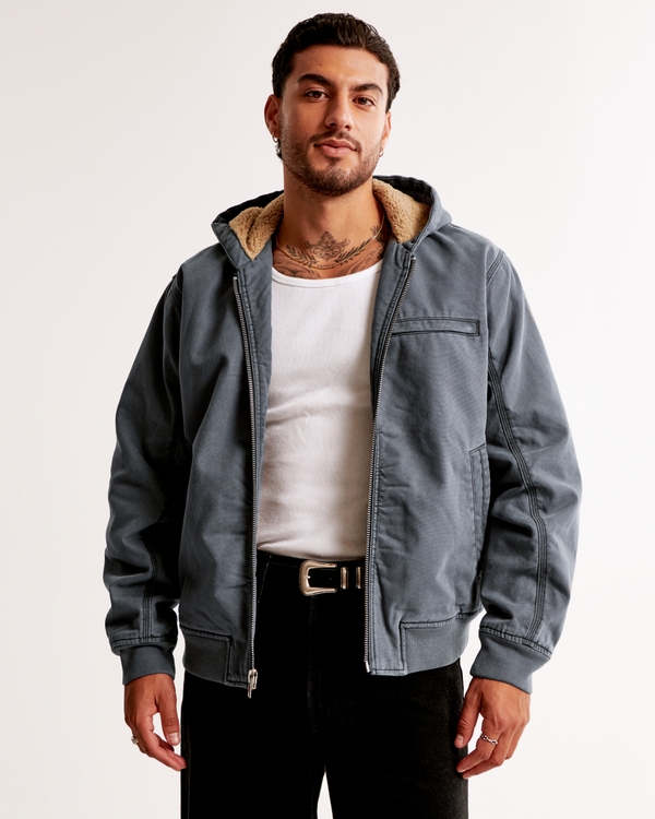 Hooded Workwear Bomber Jacket, Light Blue-gray view 1