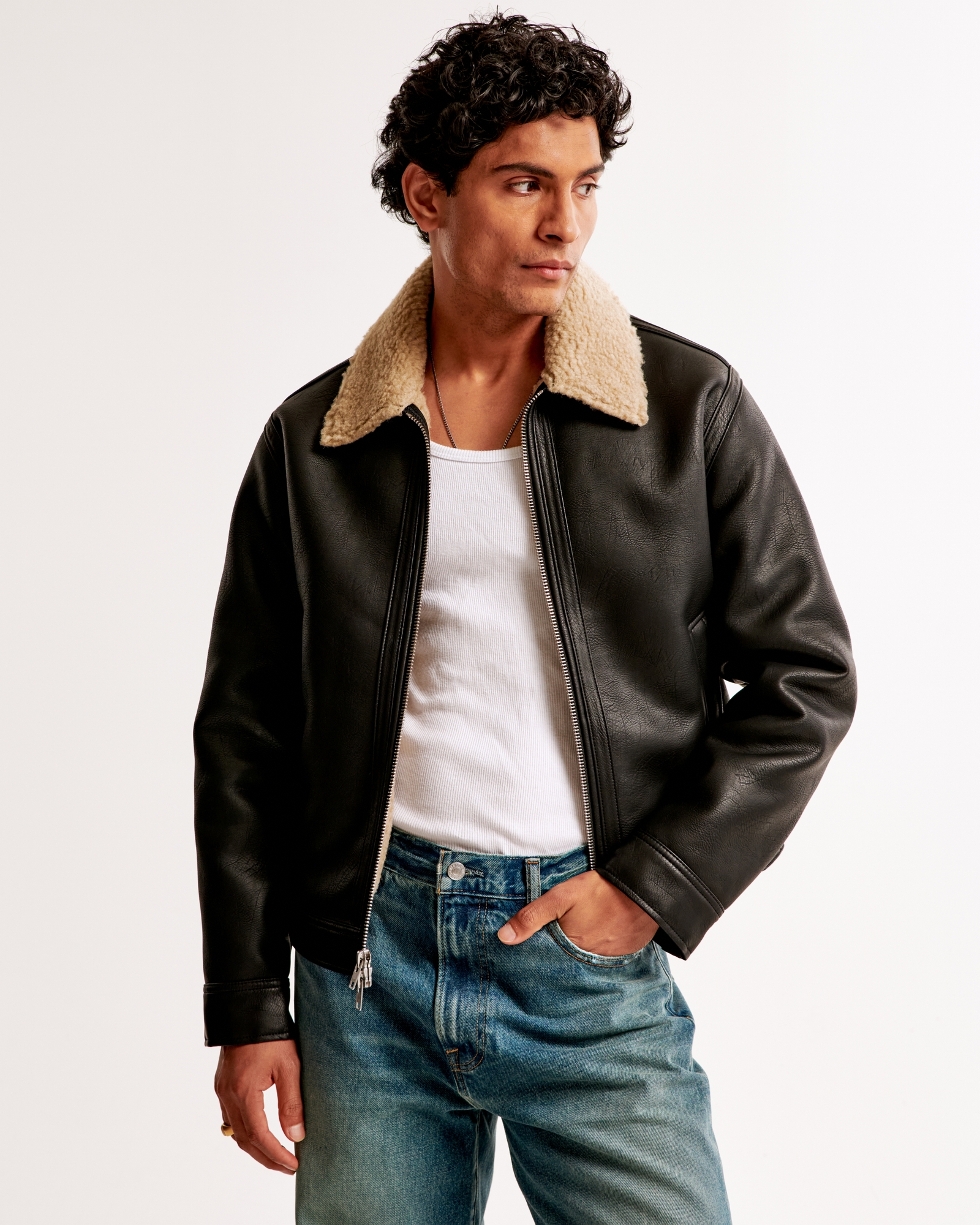 Cropped Sherpa-Lined Vegan Leather Aviator Jacket