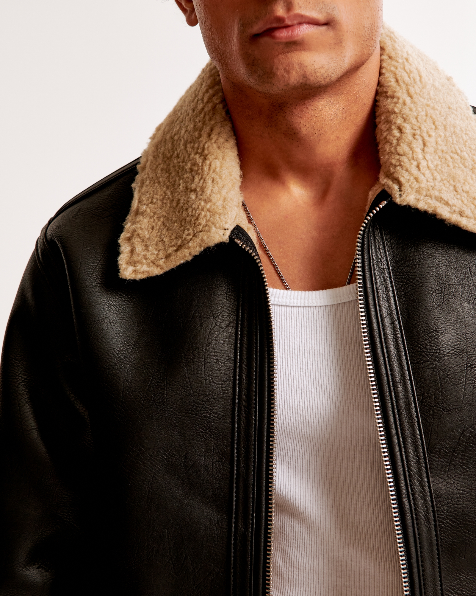 Cropped Sherpa-Lined Vegan Leather Aviator Jacket