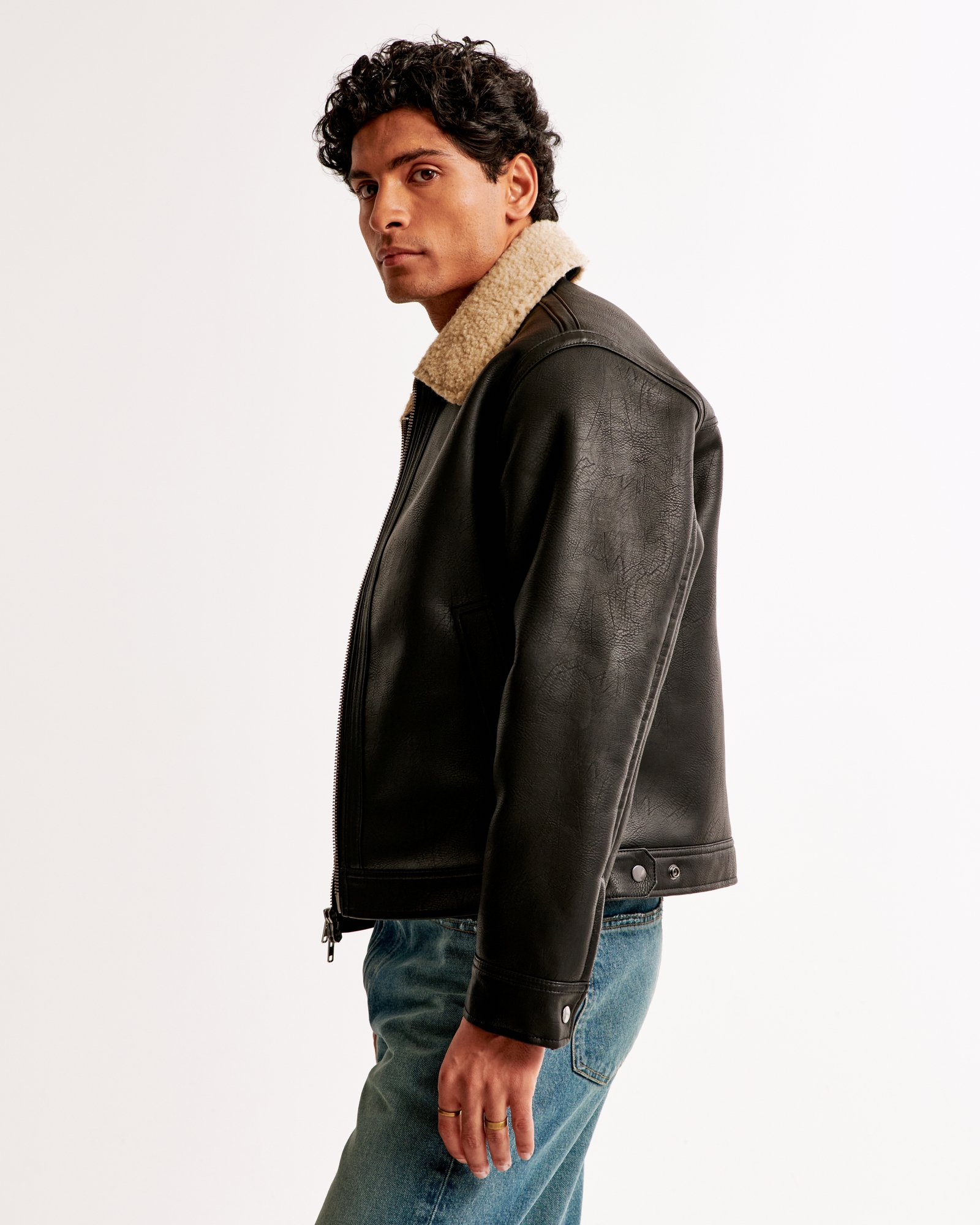 Cropped Sherpa-Lined Vegan Leather Aviator Jacket