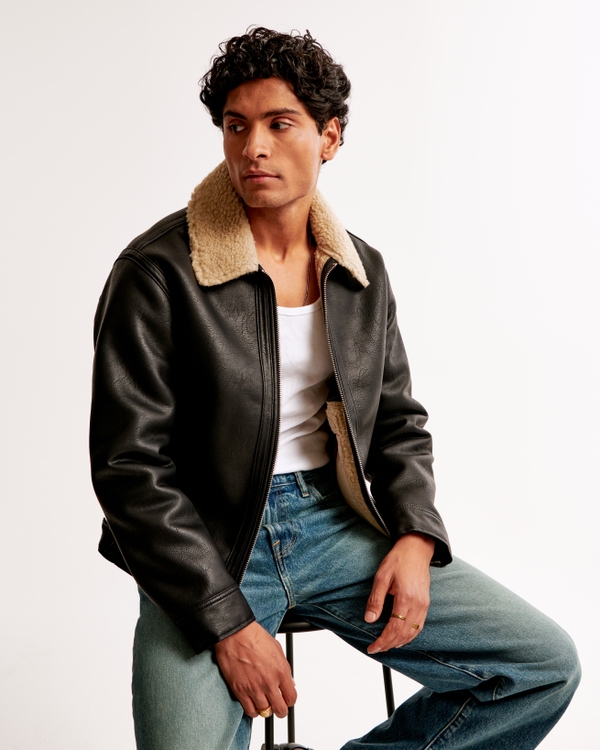 Men's Cropped Sherpa-Lined Vegan Leather Aviator Jacket | Men's