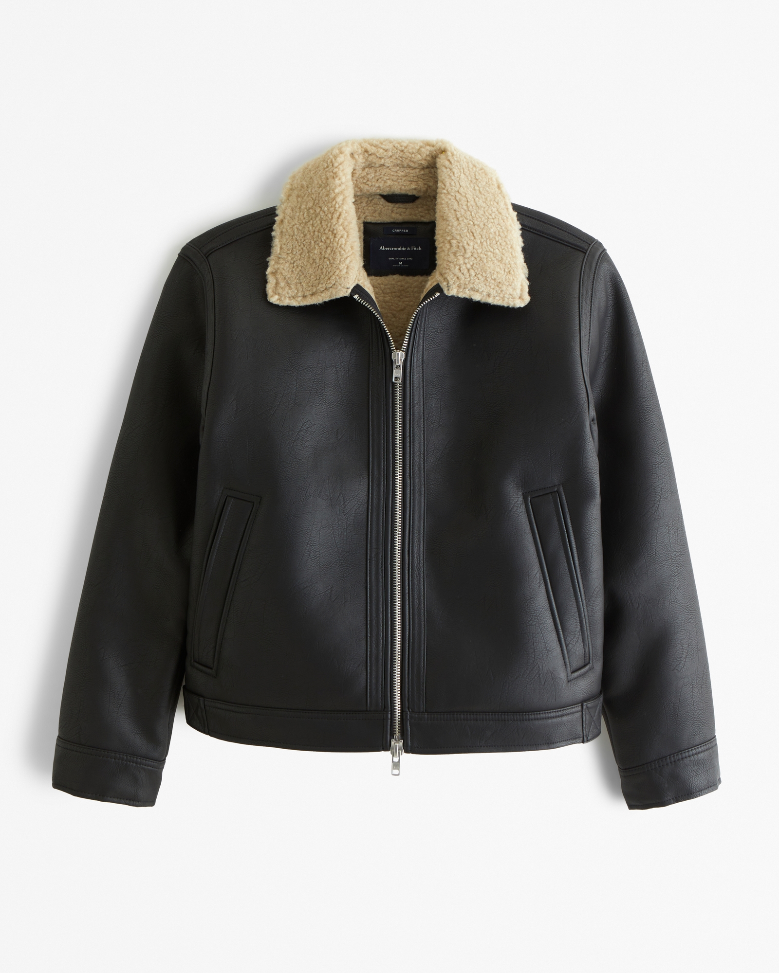 Cropped Sherpa-Lined Vegan Leather Aviator Jacket