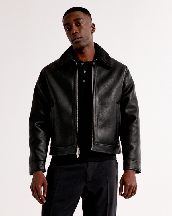 Cropped Sherpa-Lined Vegan Leather Aviator Jacket, Black view 1
