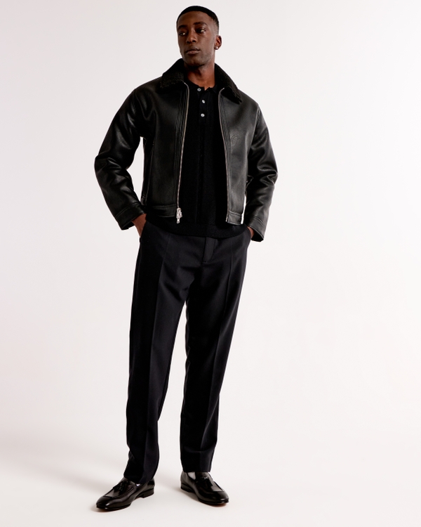 Cropped Sherpa-Lined Vegan Leather Aviator Jacket, Black view 2