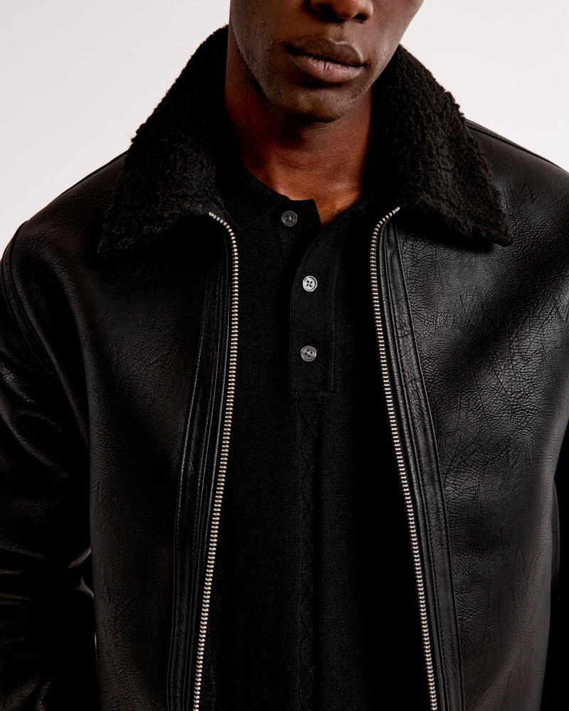 Biker Jacket Vegan Leather Sherpa Collar Aviator Jacket Men's