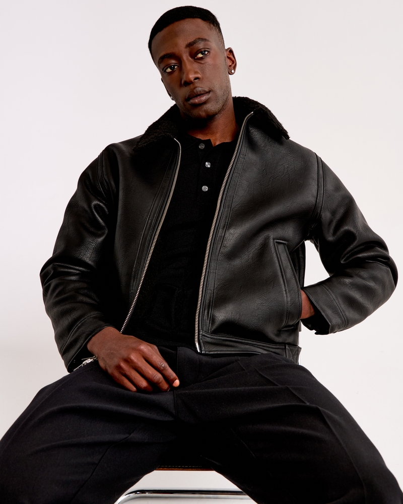 Men's Cropped Sherpa-Lined Vegan Leather Aviator Jacket Men's