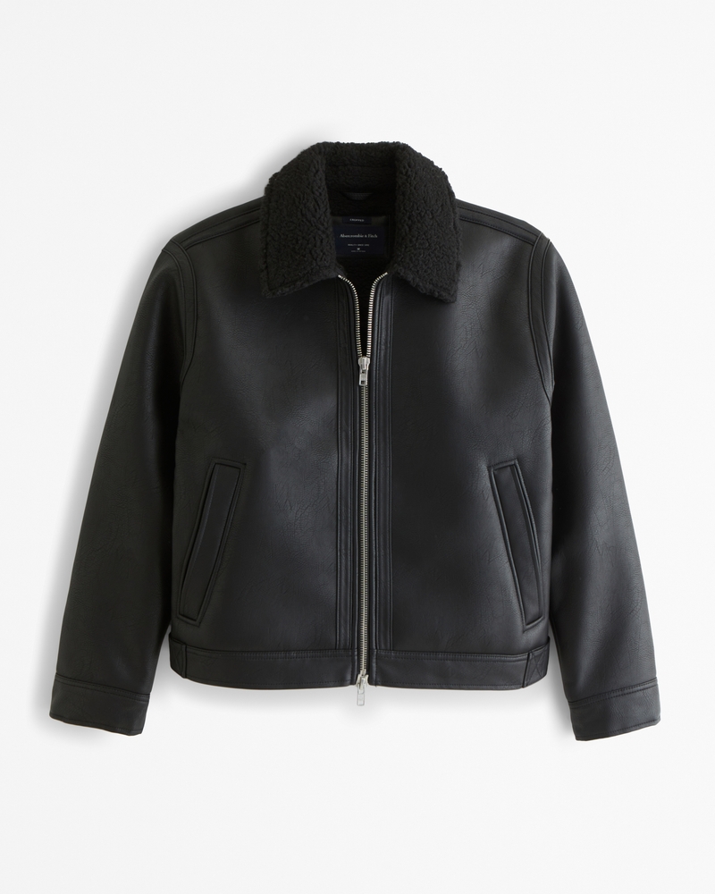 Cropped Sherpa Lined Vegan Leather Aviator Jacket