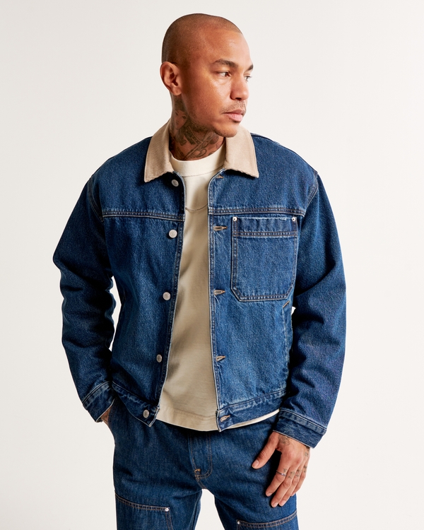 Cropped Flannel-Lined Workwear Jacket, Dark Wash