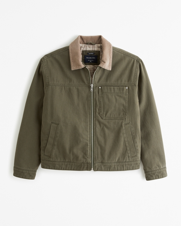 Cropped Flannel-Lined Workwear Jacket, Olive Green