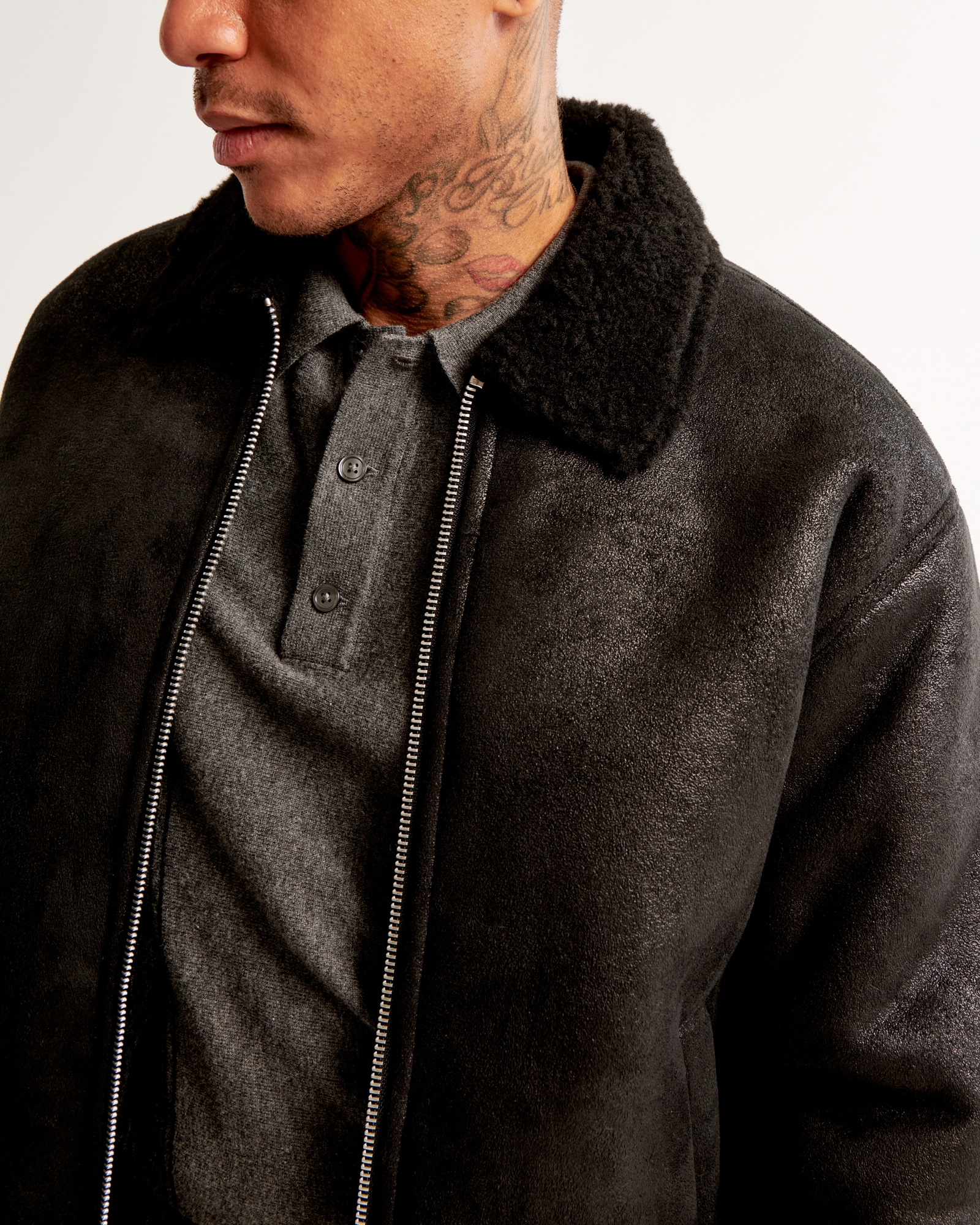 Cropped Sherpa-Lined Vegan Suede Zip Trucker Jacket