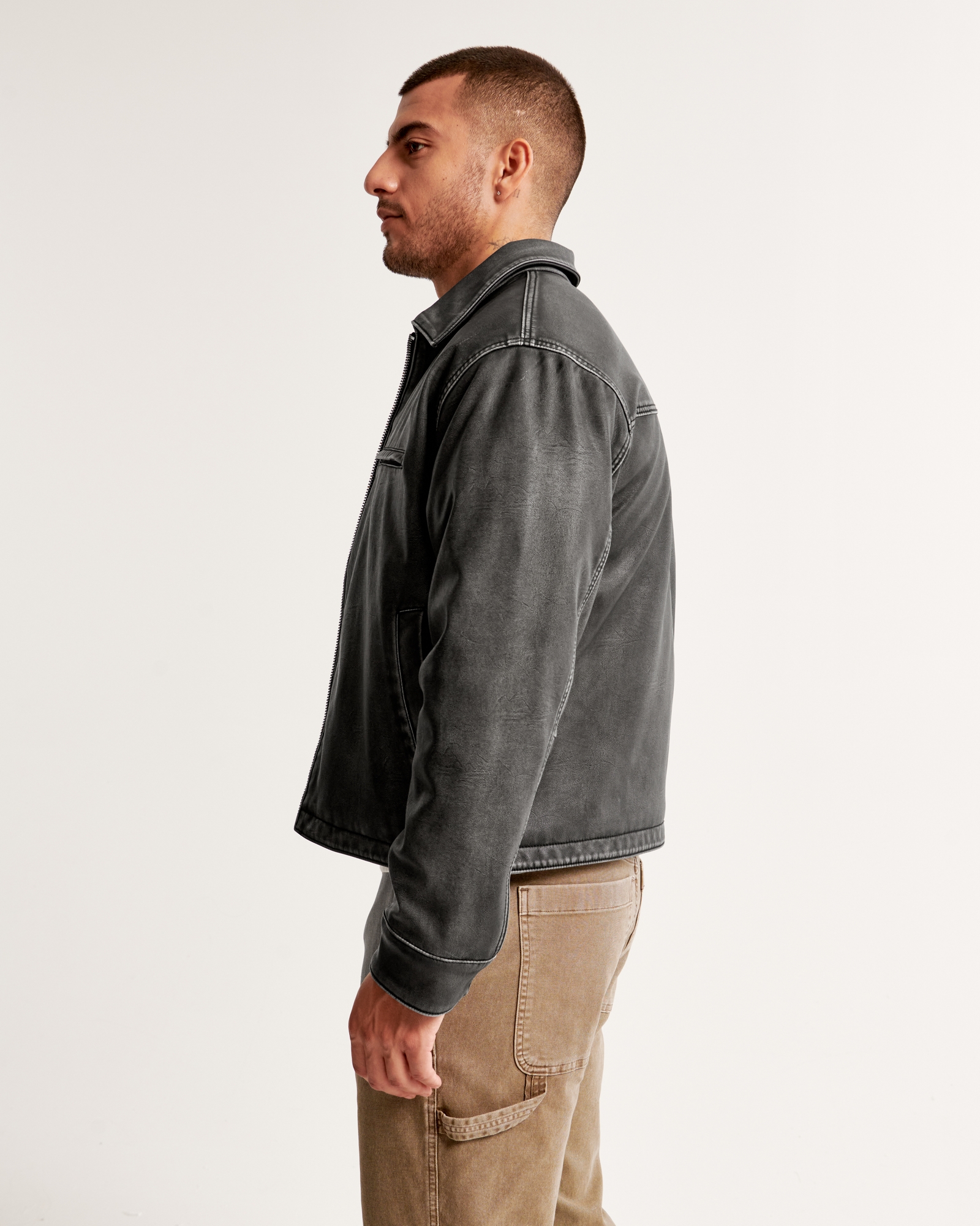 Cropped Vegan Leather Zip Trucker Jacket