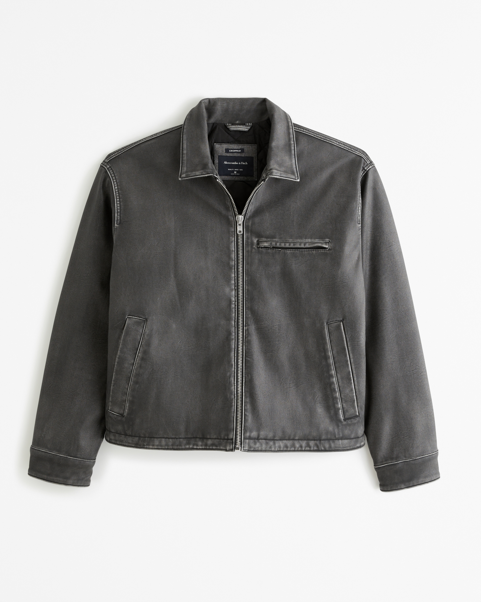 Cropped Vegan Leather Zip Trucker Jacket