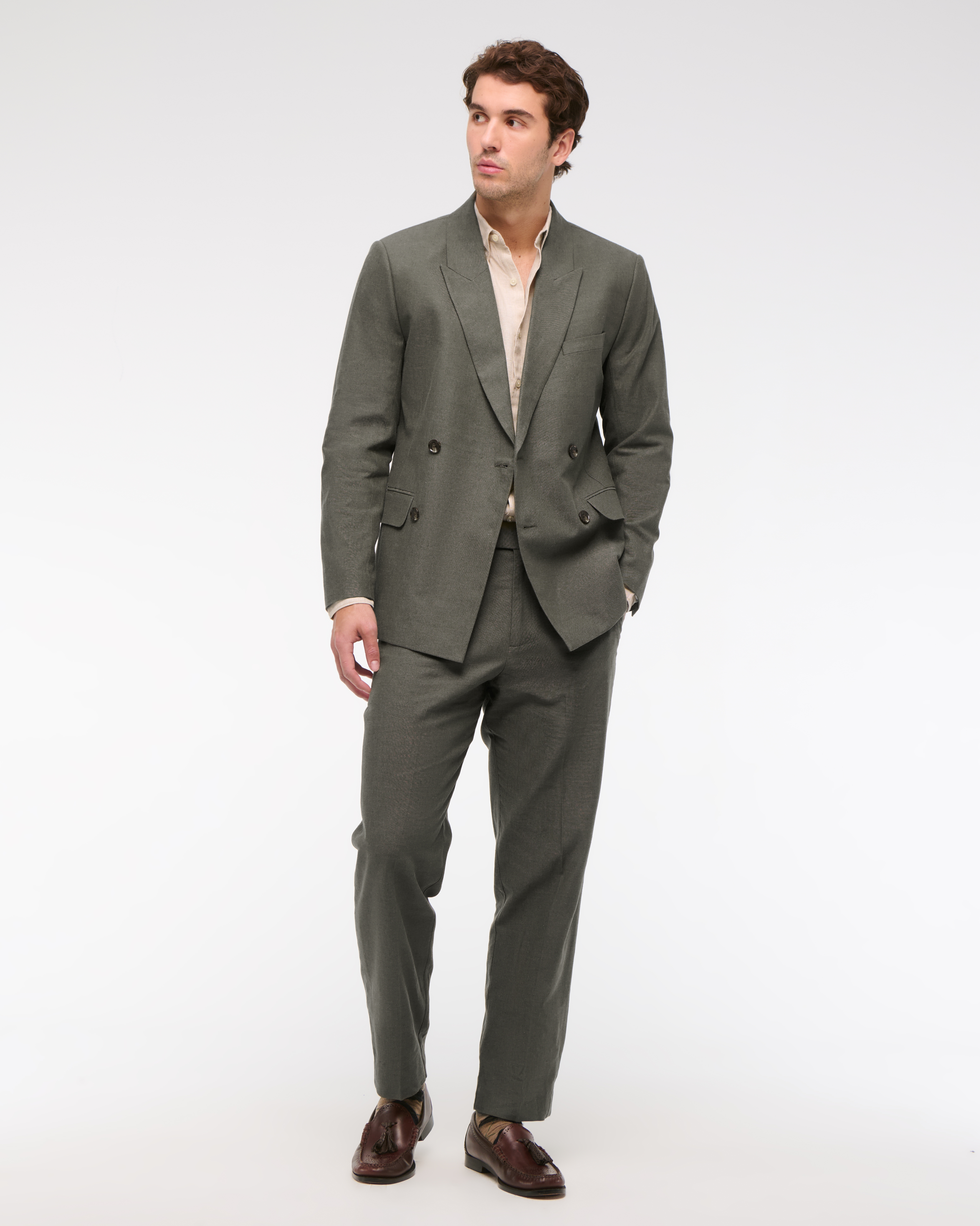 Мужской пиджак Abercrombie & Fitch The A&F Collins Double-Breasted Linen-Blend Blazer, цвет: Тёмный шалфейный — фото 3