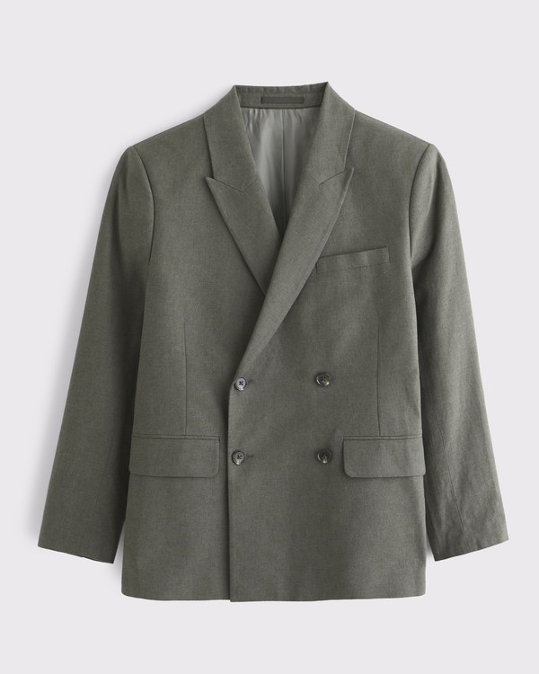 De A&F Collins double-breasted blazer van linnenmix, Donker Saliegroen view 1