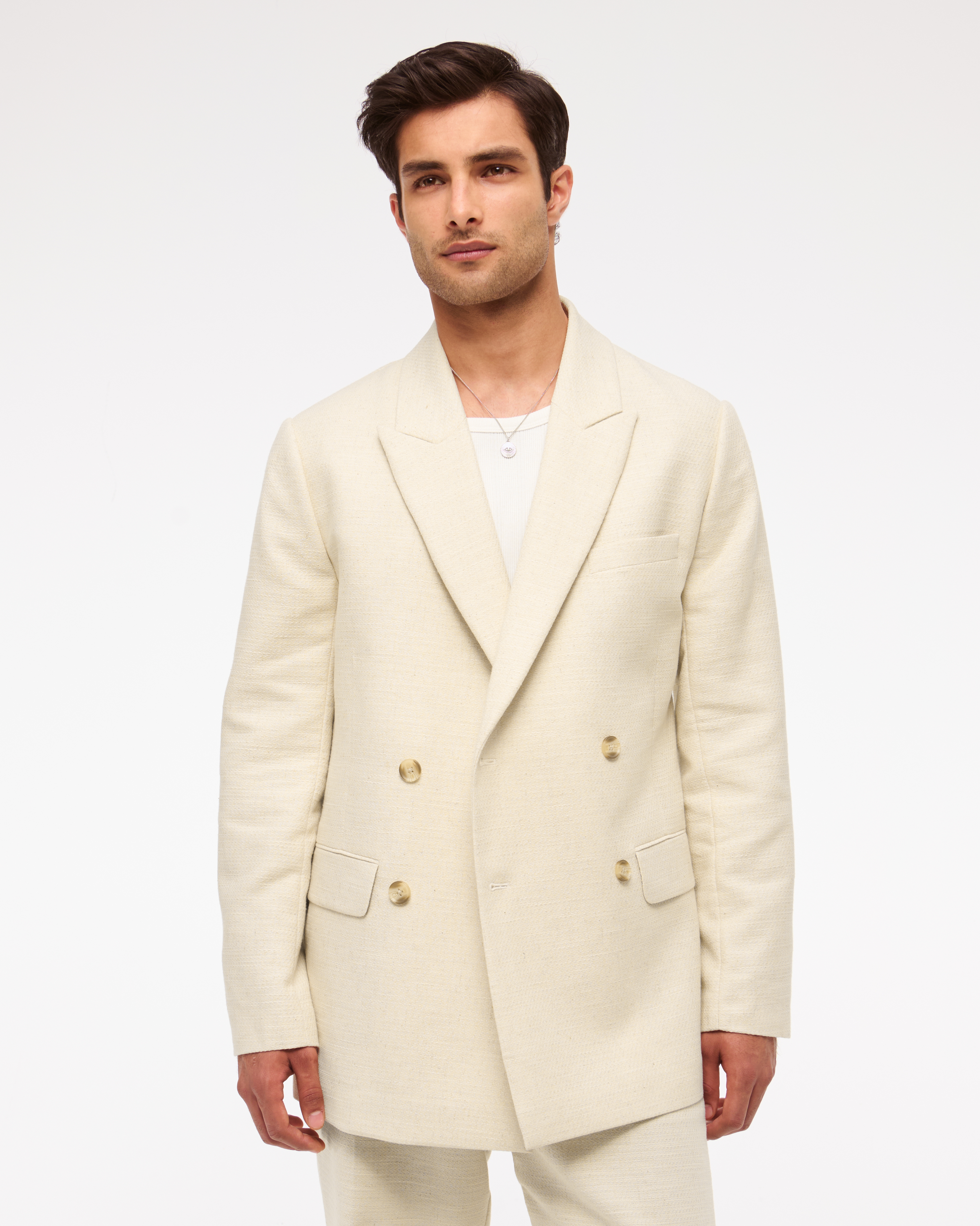 Abercrombie & Fitch The A&f Collins Double-breasted Cotton-texture Blazer In Neutral