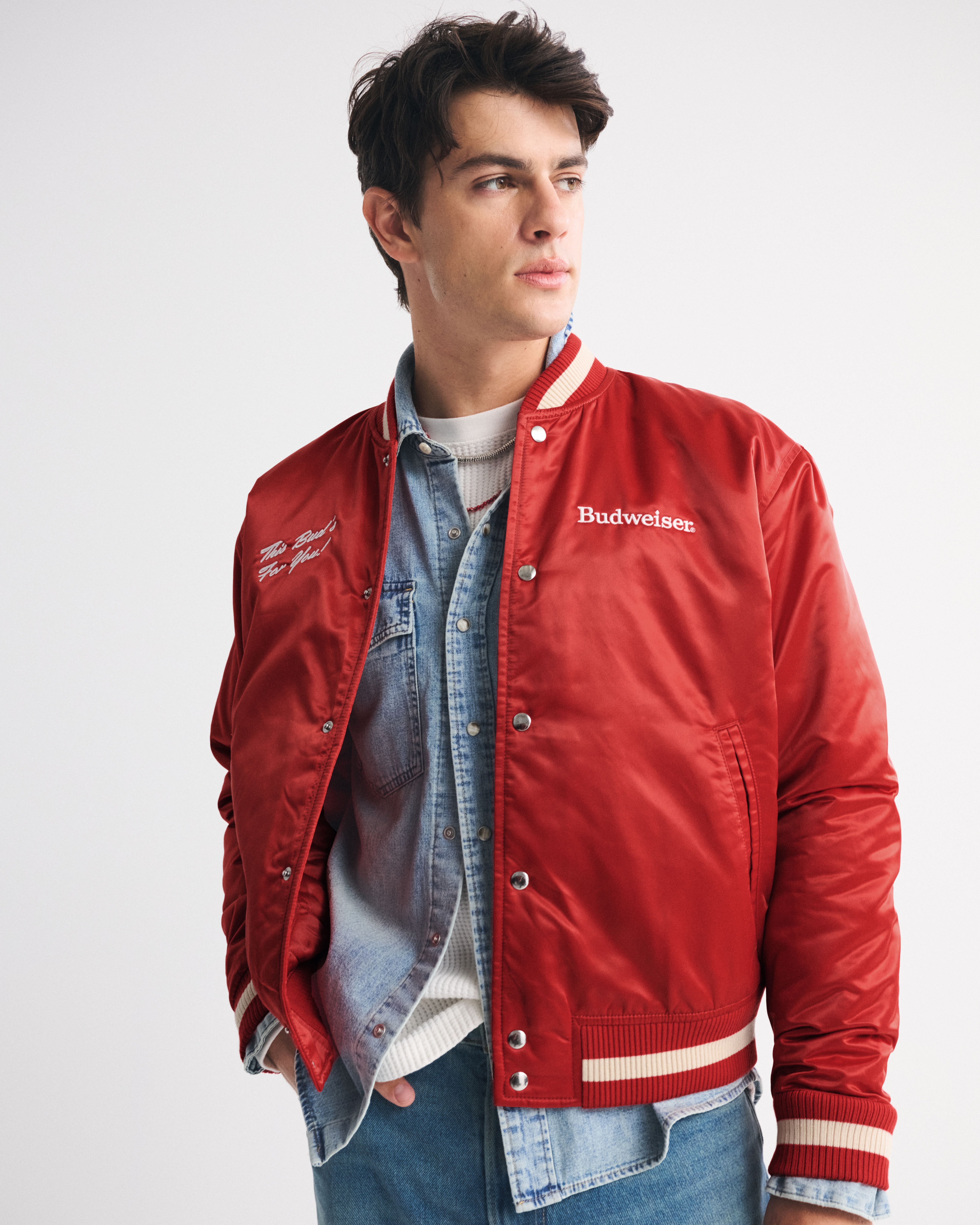 Abercrombie & Fitch Budweiser Varsity Bomber Jacket In Red